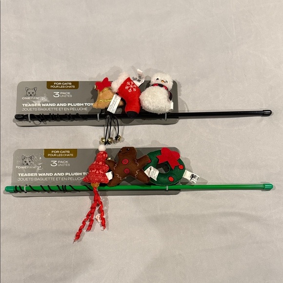 2 Christmas Themed Cat Wands each with 3 Dangling Plush Toys, Teaser Wand Set - Picture 2 of 11